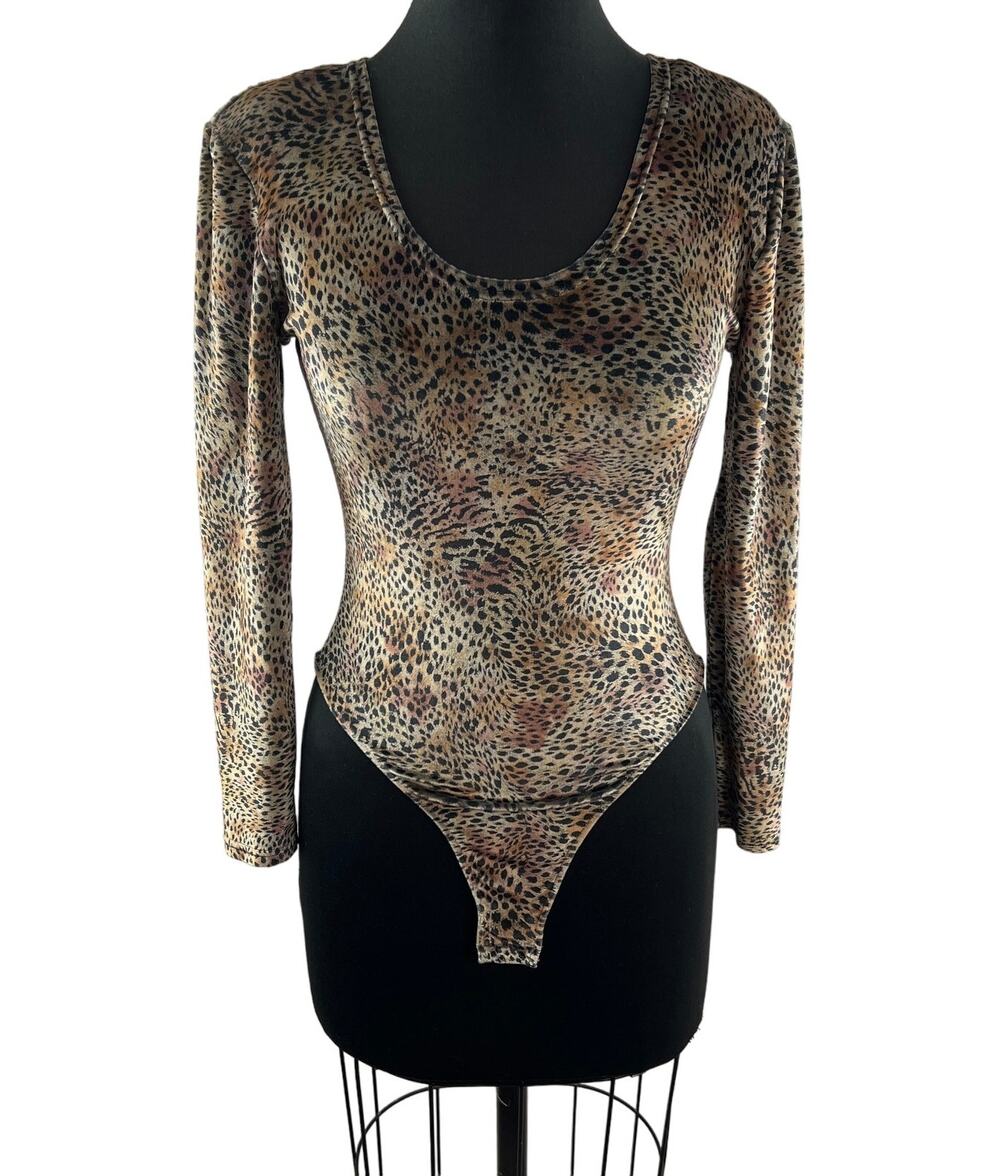 Vintage FELLOW Paris Womens Animal Print Thong Bodysuit Long Sleeve Scoop Neck 2
